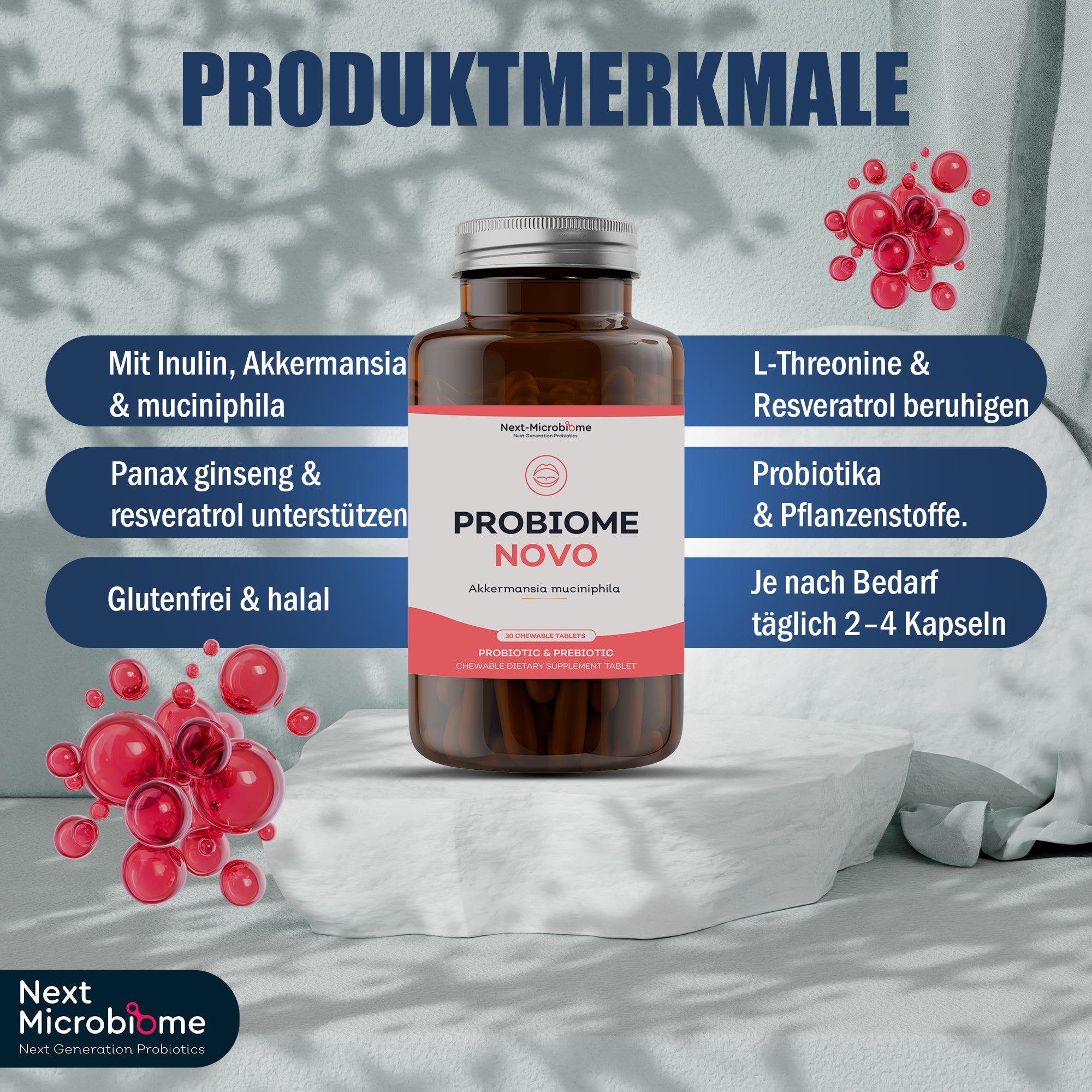 Probiome-Novo – Präbiotisches & probiotisches Nahrungsergänzungsmittel mit Akkermansia muciniphila, 60 Kautabletten für die orale Mikrobiota
